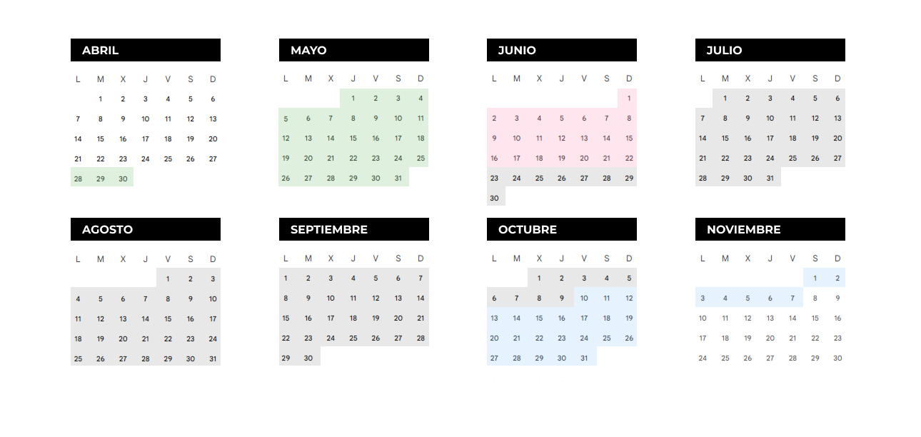 Calendario con semanas coloreadas según las cuatro fases